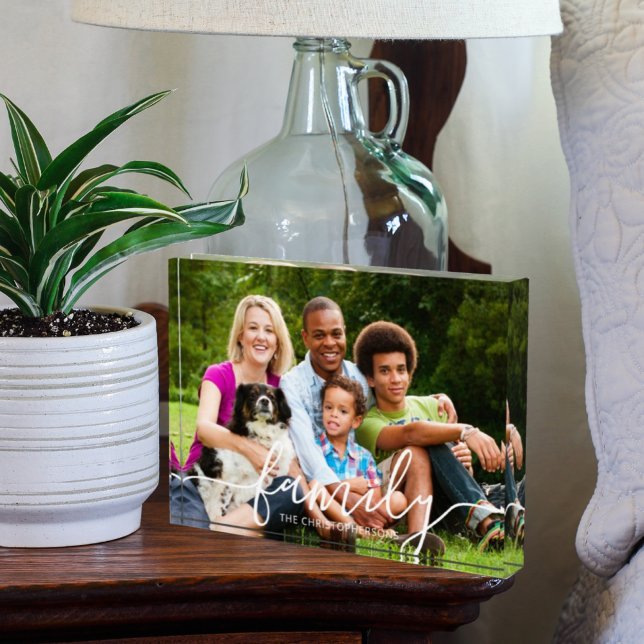 FAMILY Modern White Script Overlay Photo Name Block (Creator Uploaded)