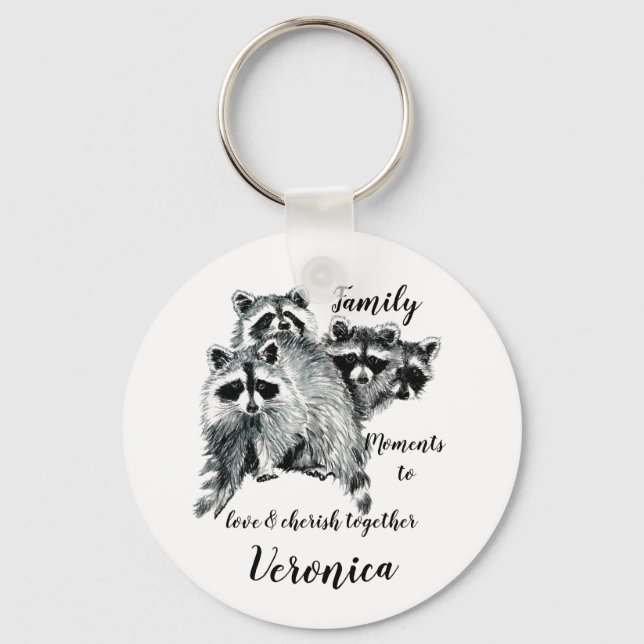 Family Moments Quote Cute Raccoons Custom Name Keychain (Front)