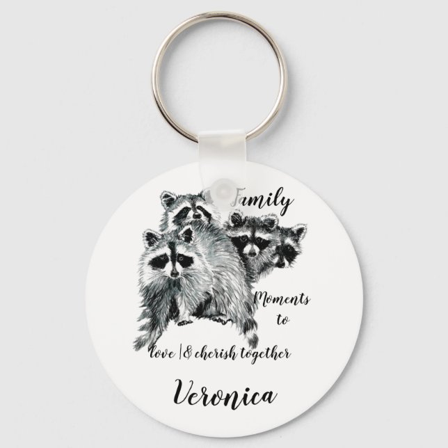Family Moments Quote Cute Raccoons Custom Name Keychain (Front)