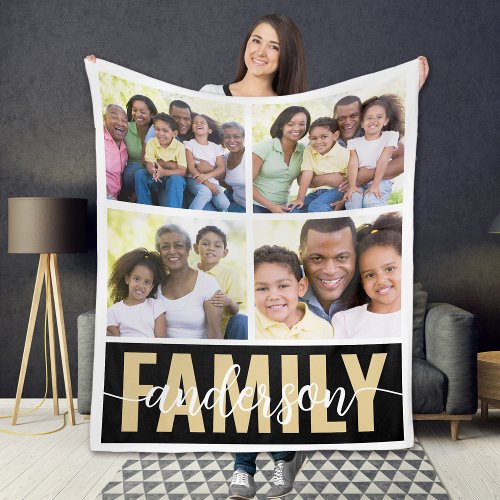 Family Monogram 4 Photo Collage Fleece Blanket