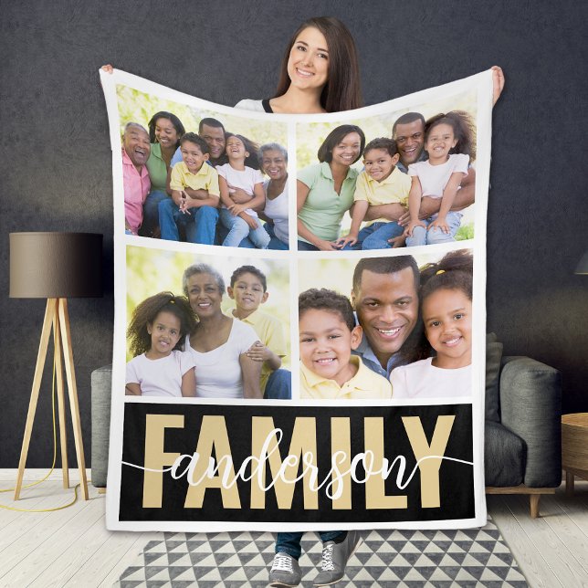 Family Monogram 4 Photo Collage Fleece Blanket (Creator Uploaded)