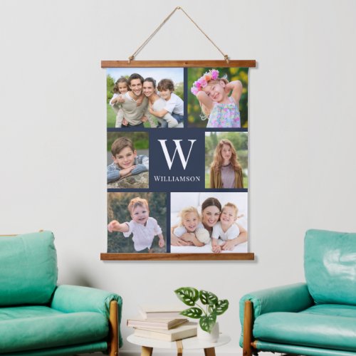 Family Monogram 6 Photo Collage Blue Hanging Tapestry