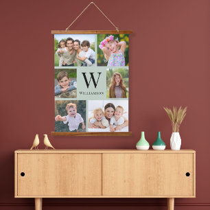 Family Monogram 6 Photo Collage Sage Green Hanging Tapestry