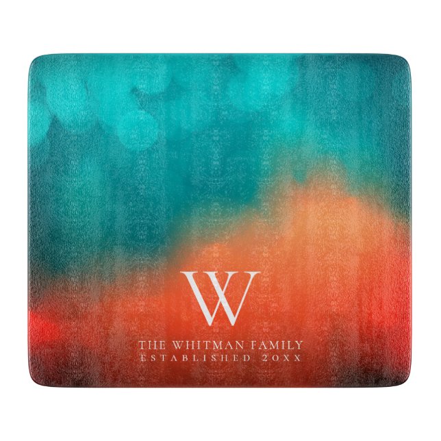 Family Monogram Abstract Art Teal Orange Kitchen Cutting Board (Front)