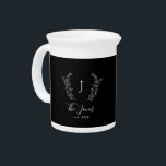 Family monogram and name personalized elegant beverage pitcher<br><div class="desc">Custom family monogrammed laurels elegant chic black and white pitcher.         A modern keepsake kitchen decoration or gift for weddings,  newlyweds,  anniversaries,  housewarmings,  new home,  Thanksgiving,  Christmas,  or any other occasion.</div>