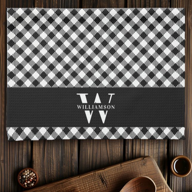 Family Monogram Black and White Vichy Plaid Modern Kitchen Towel (Creator Uploaded)