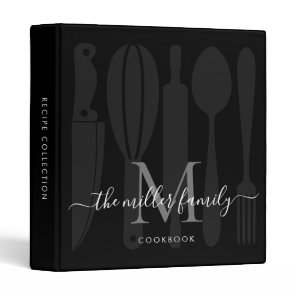 Family Monogram Black Gray Kitchen Cookbook Recipe 3 Ring Binder