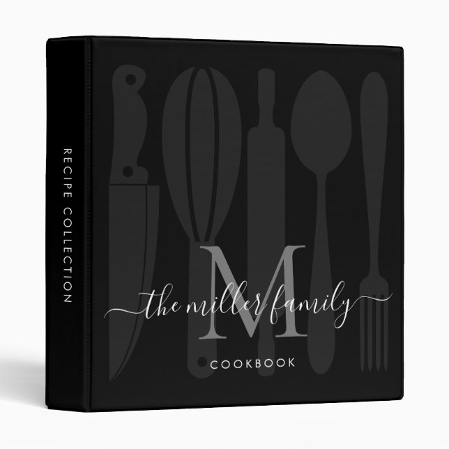 Family Monogram Black Gray Kitchen Cookbook Recipe 3 Ring Binder (Front/Spine)