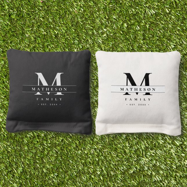 Family Monogram Black White Custom Cornhole Bags (Grass)