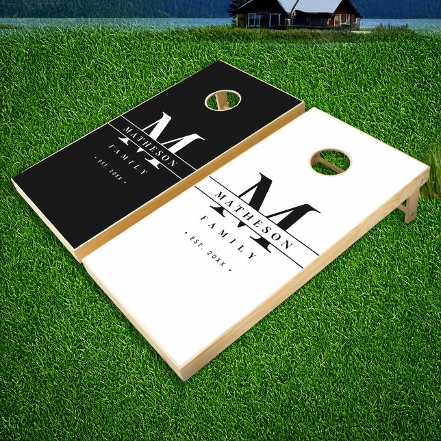 Family Monogram Black white Custom Cornhole Set (Custom minimalist black white cool monogram family cornhole set)
