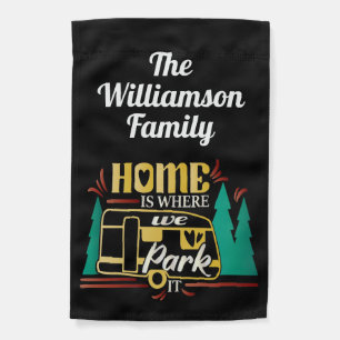 Family Monogram Camper Trailer Camping Site Black Garden Flag