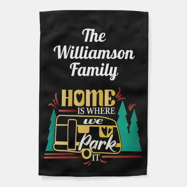 Family Monogram Camper Trailer Camping Site Black Garden Flag (Front)