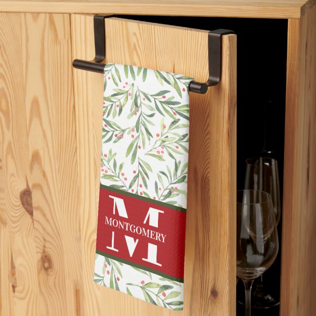 Family Monogram Christmas Holly Kitchen Towel (Thirds Fold)