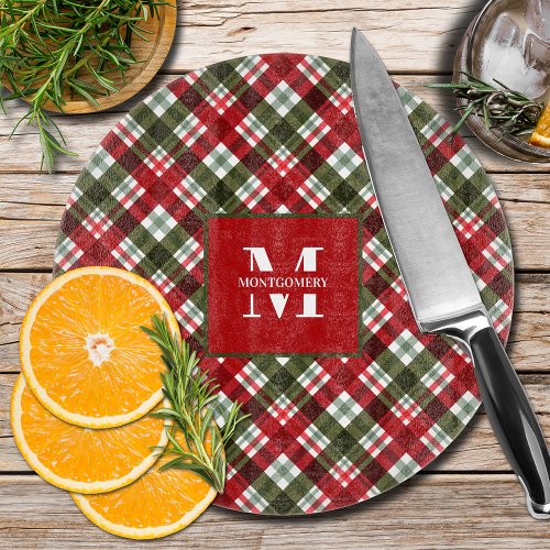 Family Monogram Christmas Plaid Cutting Board