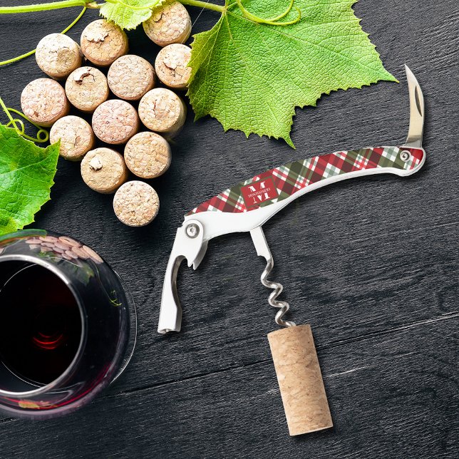 Family Monogram Christmas Plaid Waiter's Corkscrew (Monogrammed family name Christmas plaid corkscrew)