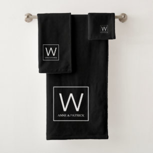 Family Monogram Couple Names Black Bath Towel Set