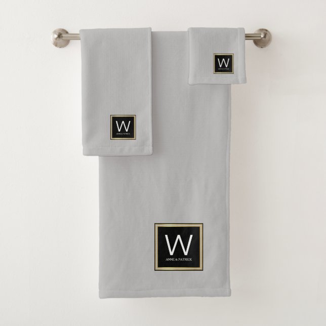 Family Monogram Couple Names Gray Bath Towel Set (Insitu)