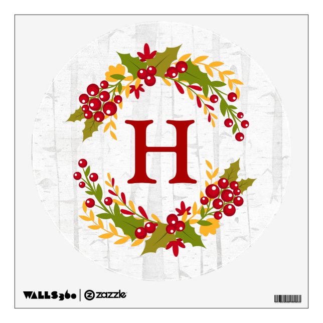 Family Monogram Decor Holly Berries Wreath Wall Decal (Front)