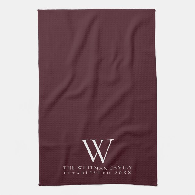 Family Monogram Elegant Burgundy Kitchen Towel (Vertical)