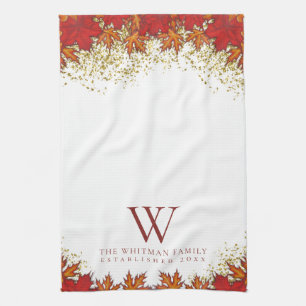 Family Monogram Elegant Fall Leaves Kitchen Towel