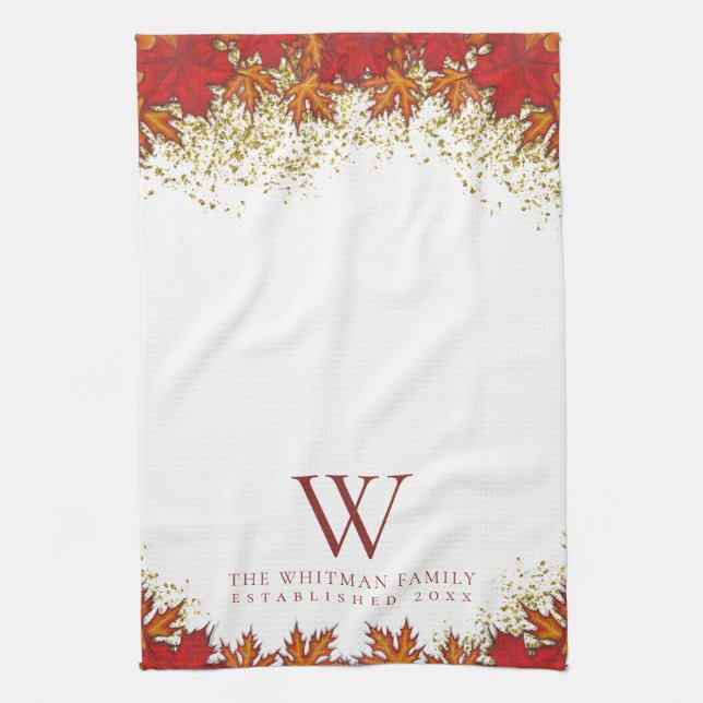 Family Monogram Elegant Fall Leaves Kitchen Towel (Vertical)