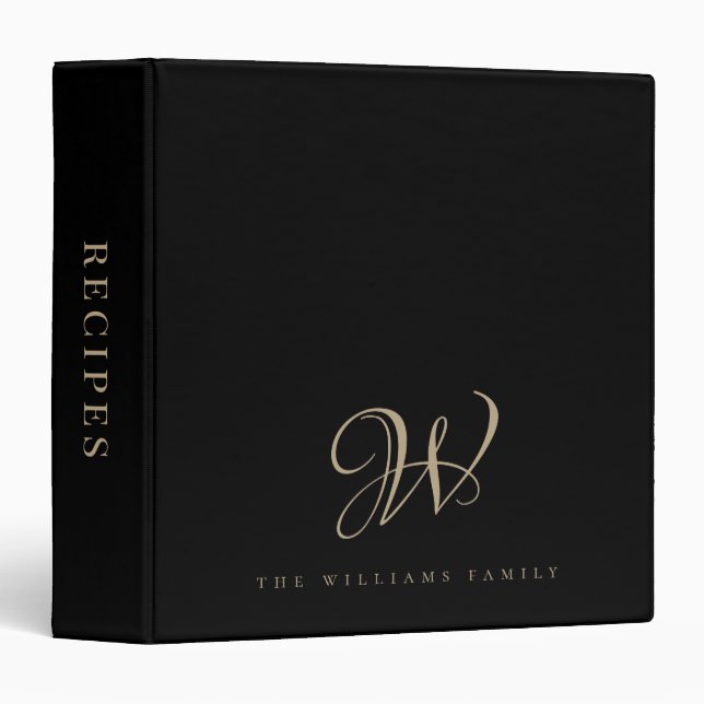 Family Monogram Elegant Script Black Gold Recipes  3 Ring Binder (Front/Spine)