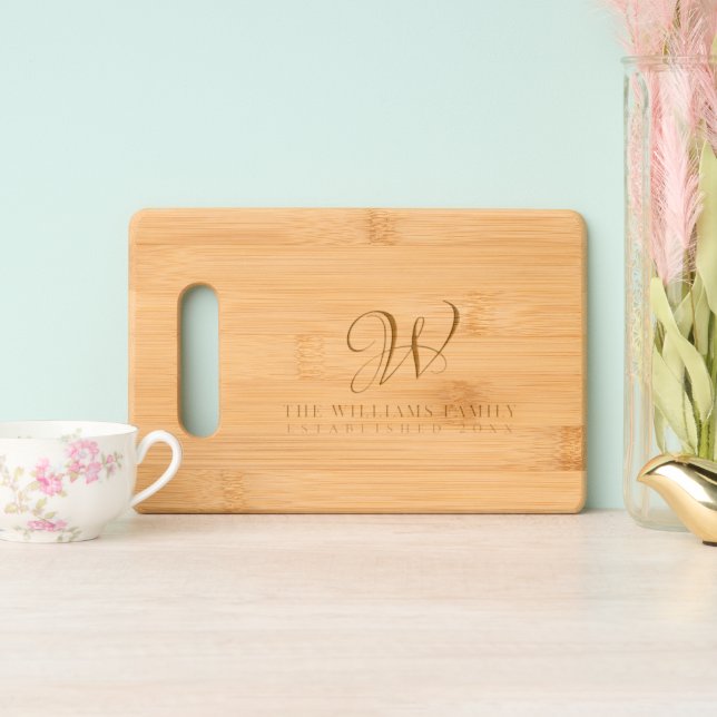 Family Monogram Elegant Script Kitchen Engraved Cutting Board (Upright)