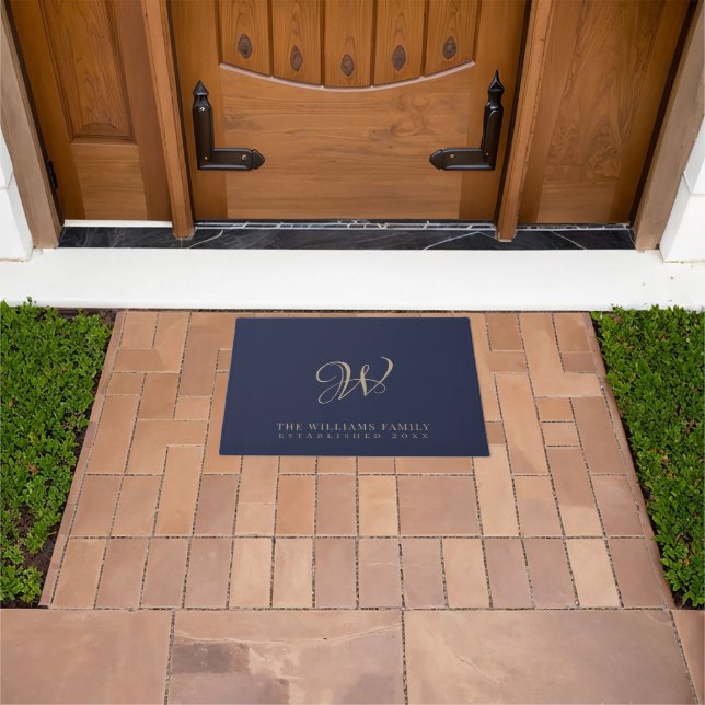Family Monogram Elegant Script Navy Doormat (Outdoor)