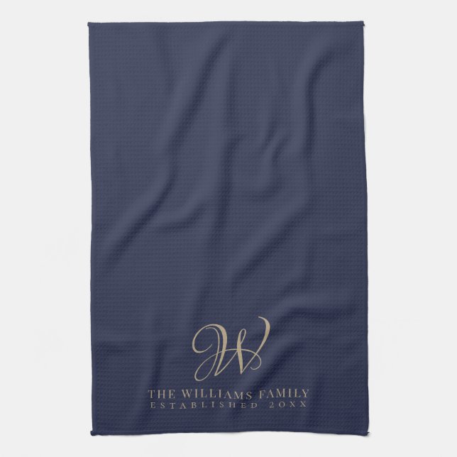 Family Monogram Elegant Script Navy Kitchen Kitchen Towel (Vertical)