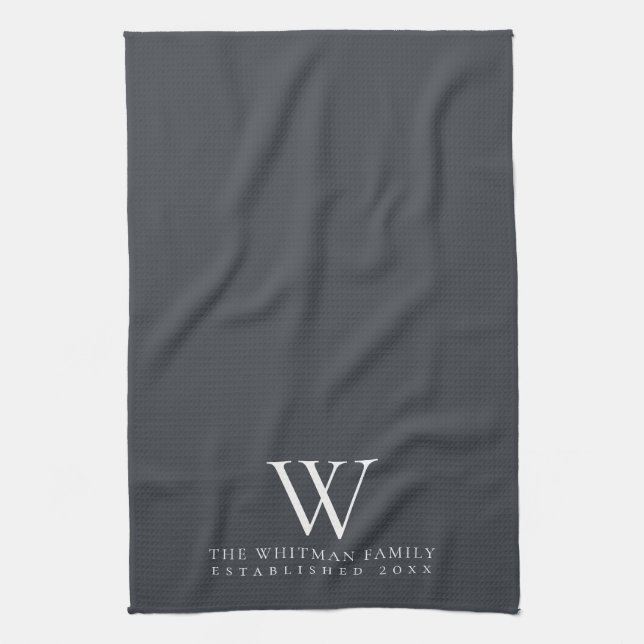 Family Monogram Elegant Slate Gray Ivory Kitchen Towel (Vertical)