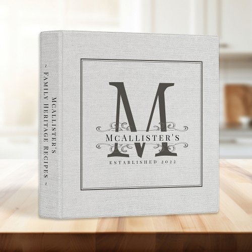 Family Monogram Establish Year Classy Linen Recipe 3 Ring Binder