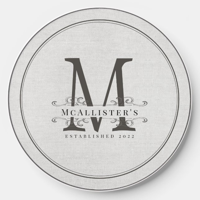 Family Monogram Establish Year Linen Print Custom  Wireless Charger (Front)