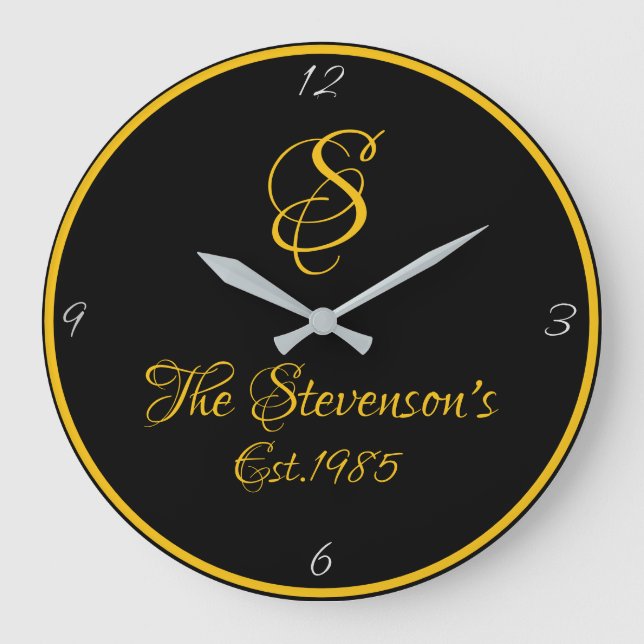 Family Monogram Fancy Script Gold and Black Est.- Large Clock (Front)