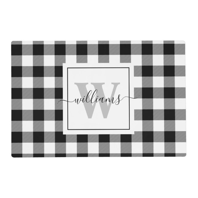 Family Monogram Farmhouse Black Buffalo Plaid Placemat (Front)