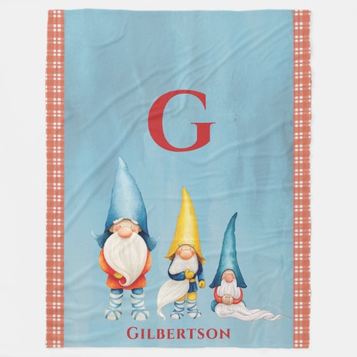 Family Monogram Gnome Red Plaid Fleece Blanket