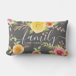Family monogram gray yellow floral watercolor chic lumbar pillow