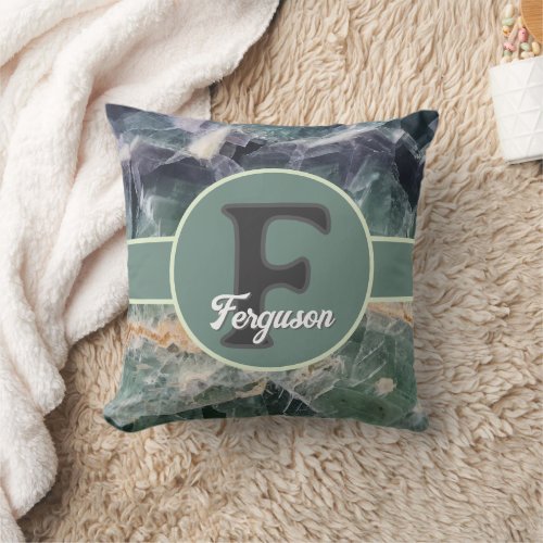 Family Monogram Green Purple Gemstone Initial Throw Pillow