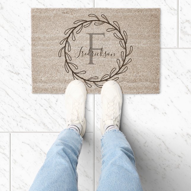 Family Monogram Laurel Wreath Fiber Doormat (Insitu)