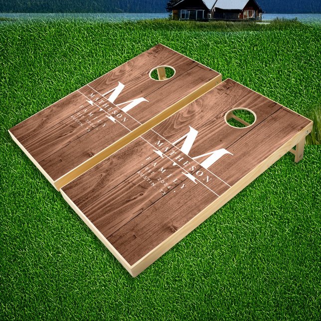 Family Monogram Light Wood Custom Cornhole Set (Rustic Custom Monogram wood grain cornhole set.)
