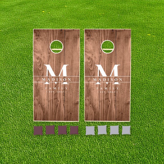 Family Monogram Light Wood Custom Cornhole Set (Personalized Cornhole set with textured wood background, family name and established year.)