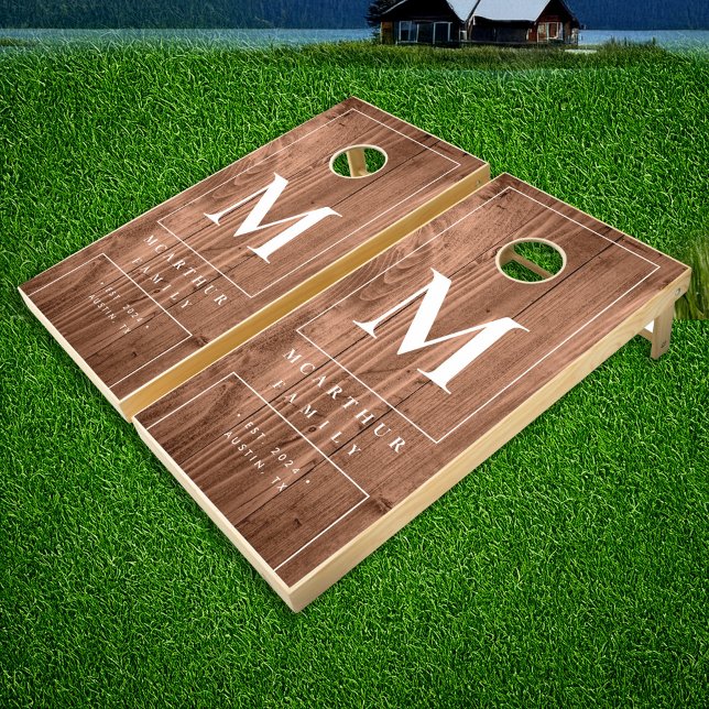 Family Monogram Light Wood Lakehouse Custom Cornhole Set (Family lakehouse cornhole set)