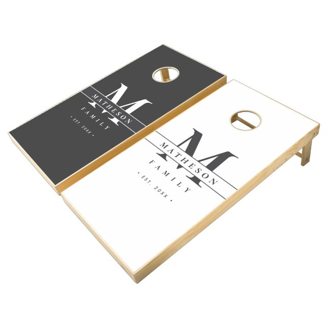 Family Monogram Mod Grey White Custom Cornhole Set (Angled)