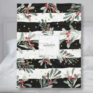 Family Monogram Modern Black Chic Winter Botanical Fleece Blanket