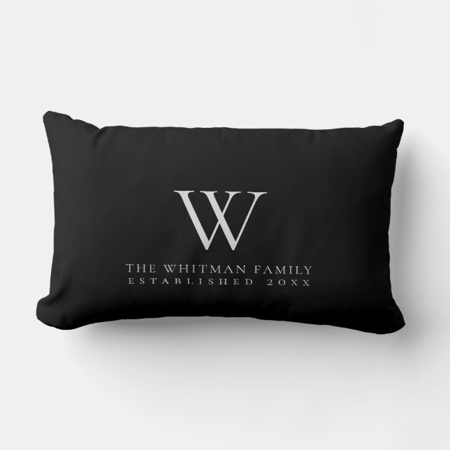 Family Monogram Modern Black Gray Lumbar Pillow (Front)