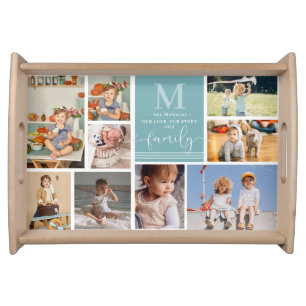 Family Monogram   Modern Color Block Photo Collage Serving Tray