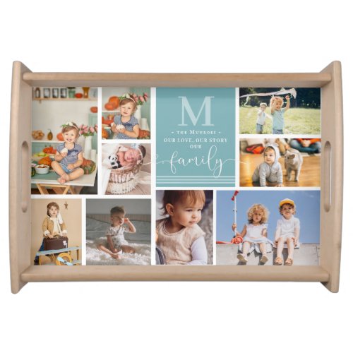 Family Monogram  Modern Color Block Photo Collage Serving Tray