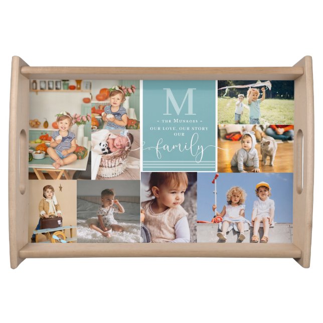 Family Monogram | Modern Color Block Photo Collage Serving Tray (Front)