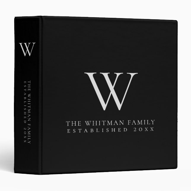 Family Monogram Modern Elegant Black Gray 3 Ring Binder (Front/Spine)