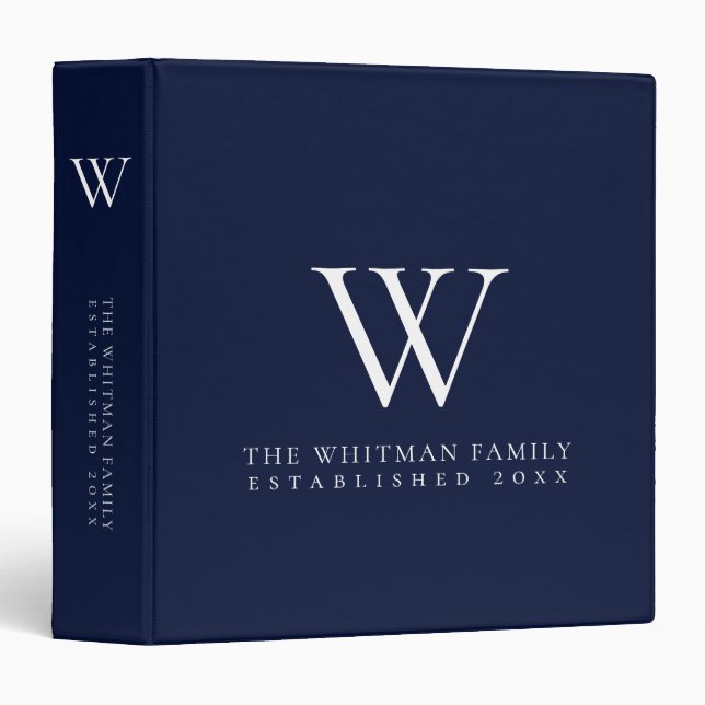 Family Monogram Modern Navy Blue 3 Ring Binder (Front/Spine)