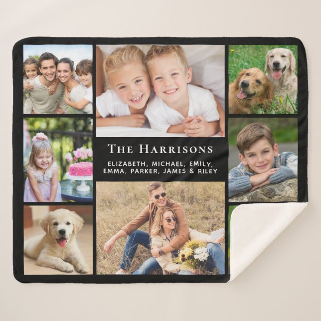 Family Monogram Name 8 Photo Collage Black Sherpa Blanket (Front (Horizontal))